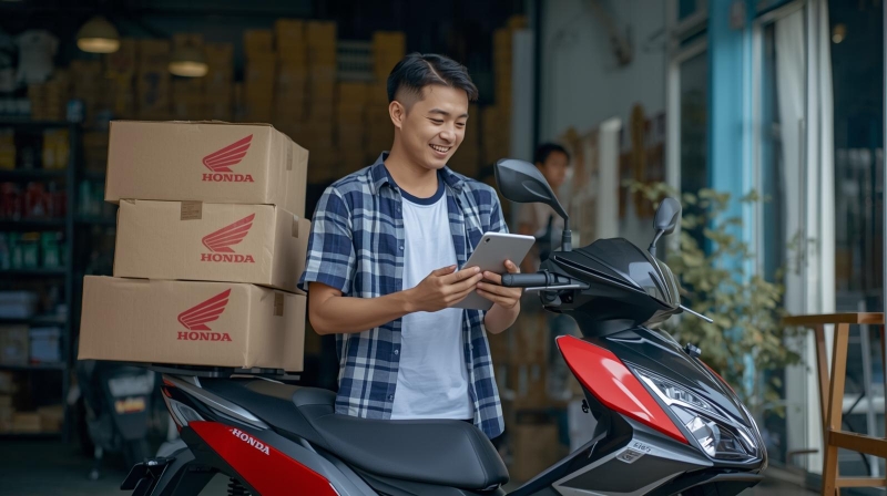 pemilik UMKM melakukan efisiensi operasional menggunakan armada motor Honda yang irit bahan bakar untuk distribusi barang