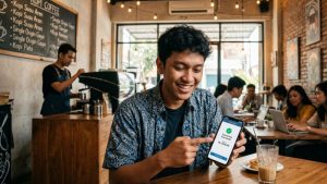 Pemuda tersenyum melihat transaksi sukses yang menjadi bukti peluang bisnis top up game masih menjanjikan.