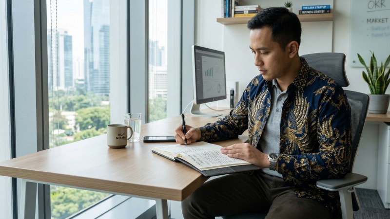 Ciri Ide Usaha Jangka Panjang: Kelebihan & Kekurangannya, Pengusaha pria Indonesia sedang merancang rencana bisnis jangka panjang di buku catatannya