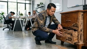Pemilik bisnis pria asal Indonesia sedang mengecek lemari arsip kayu di kantor yang hancur akibat serangan rayap