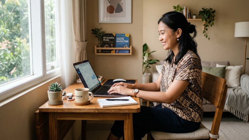Wanita Indonesia tersenyum fokus menjalankan usaha rumahan menggunakan laptop di sudut ruang tamunya yang nyaman.