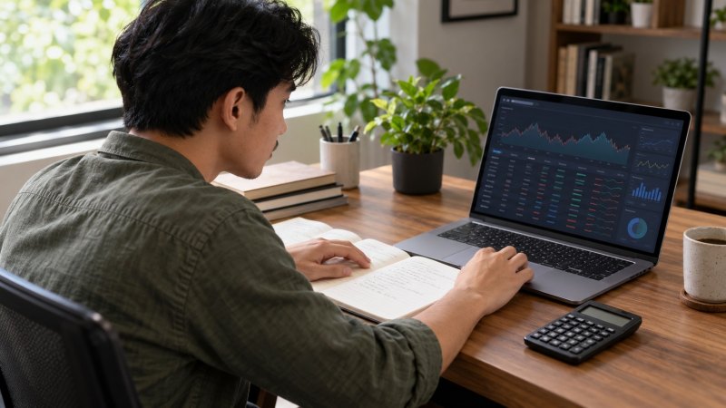 Ilustrasi pria mempelajari kapitalisasi pasar kripto melalui tampilan data di laptop dan buku catatan.
