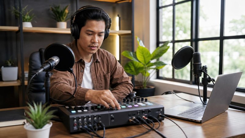 Content creator mengatur audio melalui perangkat produksi audio