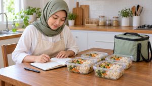 Perempuan meninjau buku catatan di samping empat kotak makanan sebagai ilustrasi uji ide bisnis makanan skala kecil.