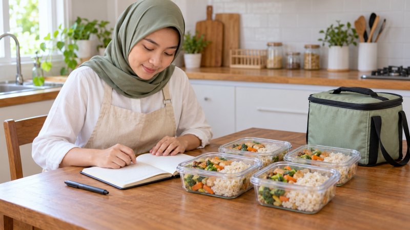 Perempuan meninjau buku catatan di samping empat kotak makanan sebagai ilustrasi uji ide bisnis makanan skala kecil.