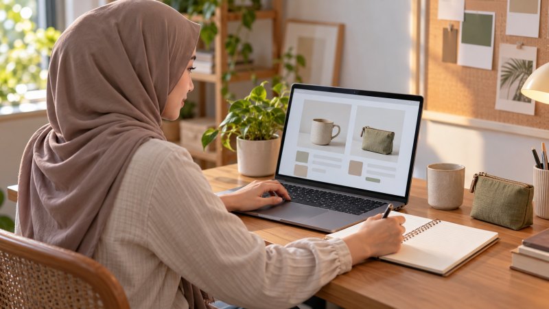 Perempuan meninjau katalog di laptop dengan dua contoh produk dan buku catatan sebagai ilustrasi jualan online untuk pemula.